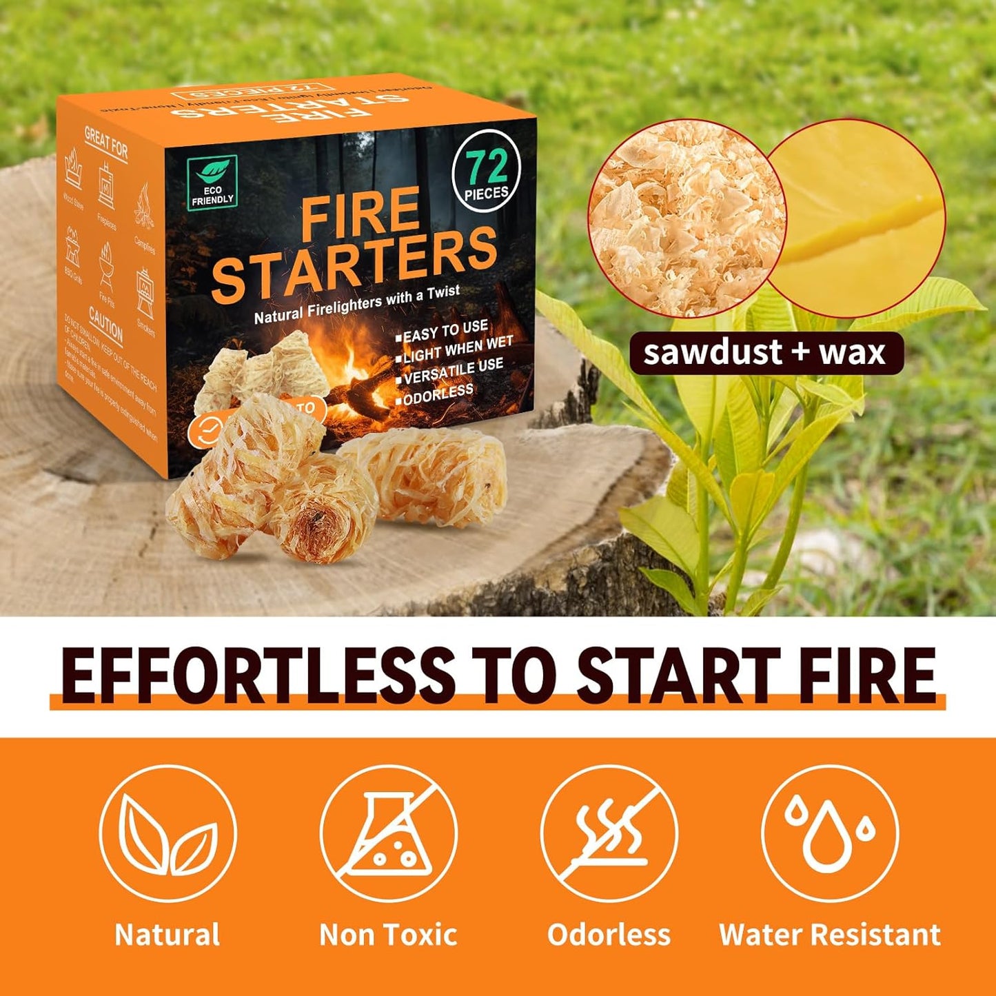 Realcook Natural Fire Starter for Fireplaces: All Weather Charcoal Firestarters - Odorless Fire Starters Cubes for Campfires | Grill | Fire Pit | BBQ | Wood Stove | Smoker - 144 Counts