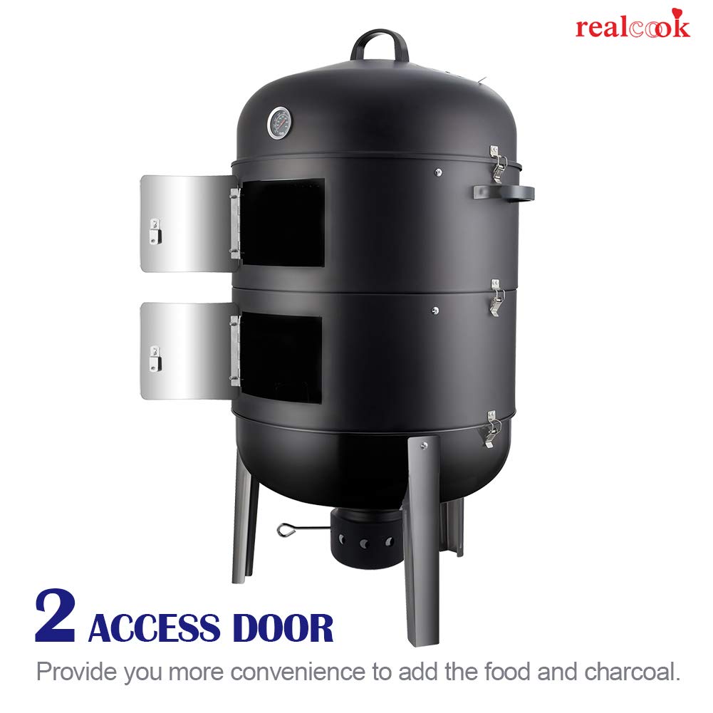 Realcook Vertical 17 Inch Steel Charcoal Smoker, Heavy Duty Round BBQ Grill for Outdoor Cooking, Black