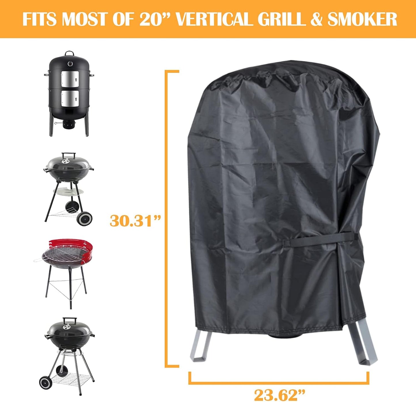 BBQ Grill Cover with Waterproof - Dust Resistant Kettle Grill Cover Fits Most of Outdoor Cooking Smoker (23.62 x 23.62 x 30.31 Inches)